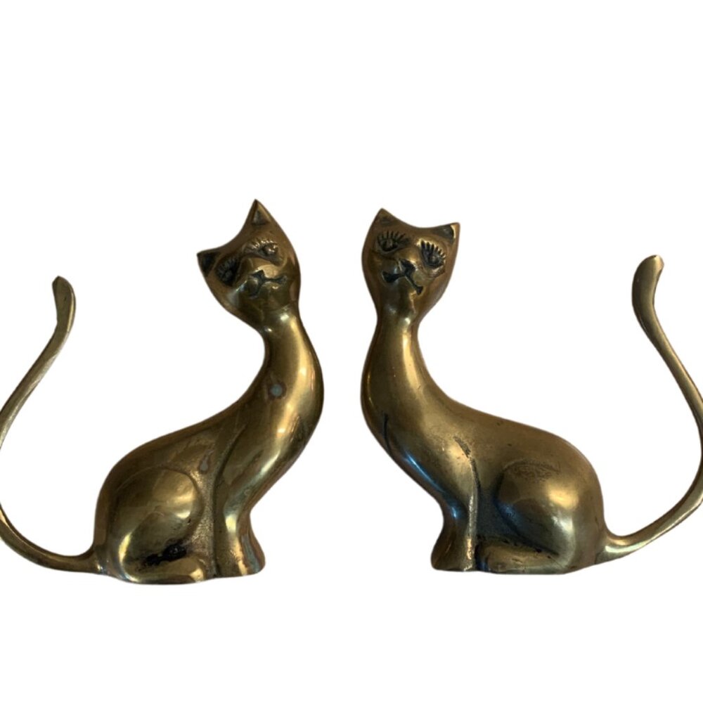 Vintage 80s bronze twin cat sculpture figurines